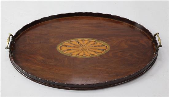 An Edwardian inlaid mahogany oval gallery tray, 28.5in.